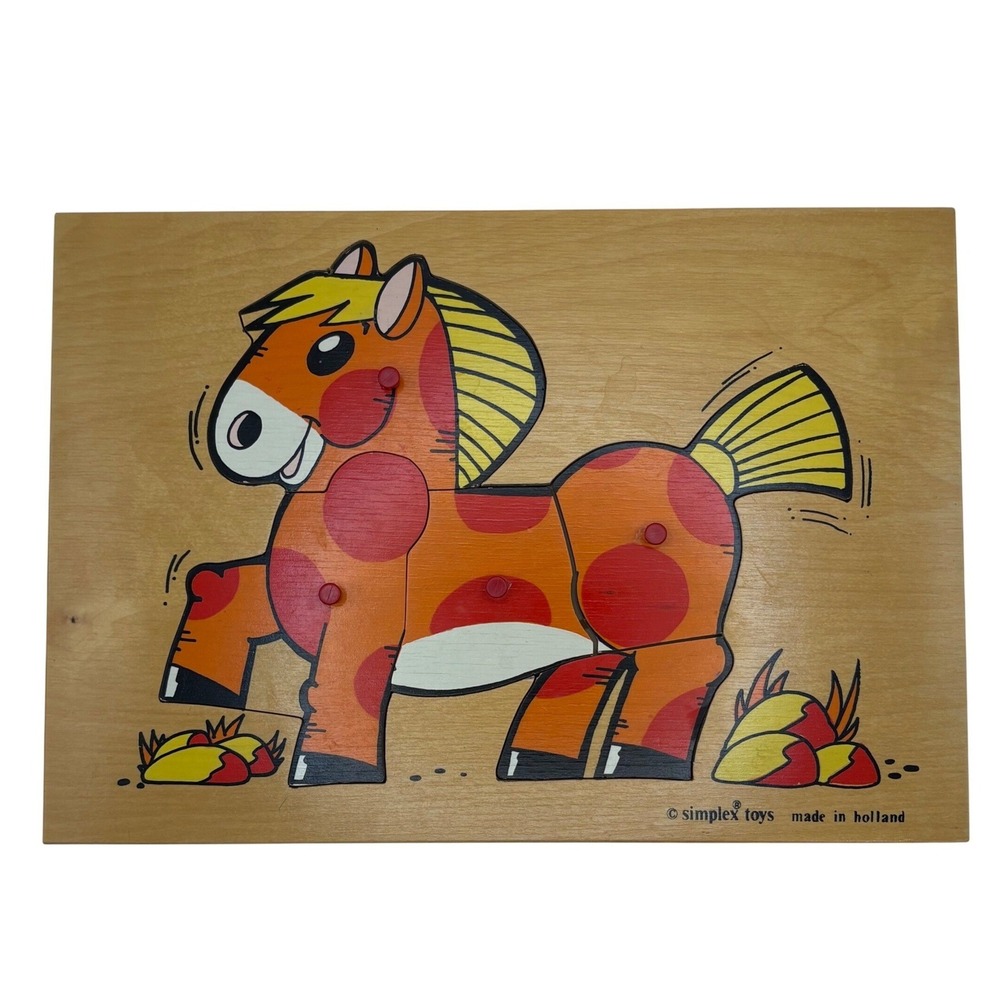Vtg Simplex Toys Wooden Peg Puzzle Horse Pony Orange Spots Made in Holland 1960s